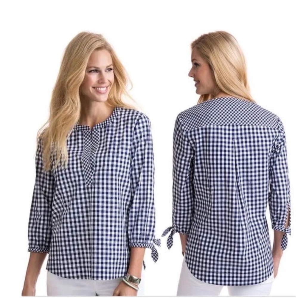 Vineyard Vines Navy Gingham 3/4 Tie Sleeve Cotton Blouse Top Small